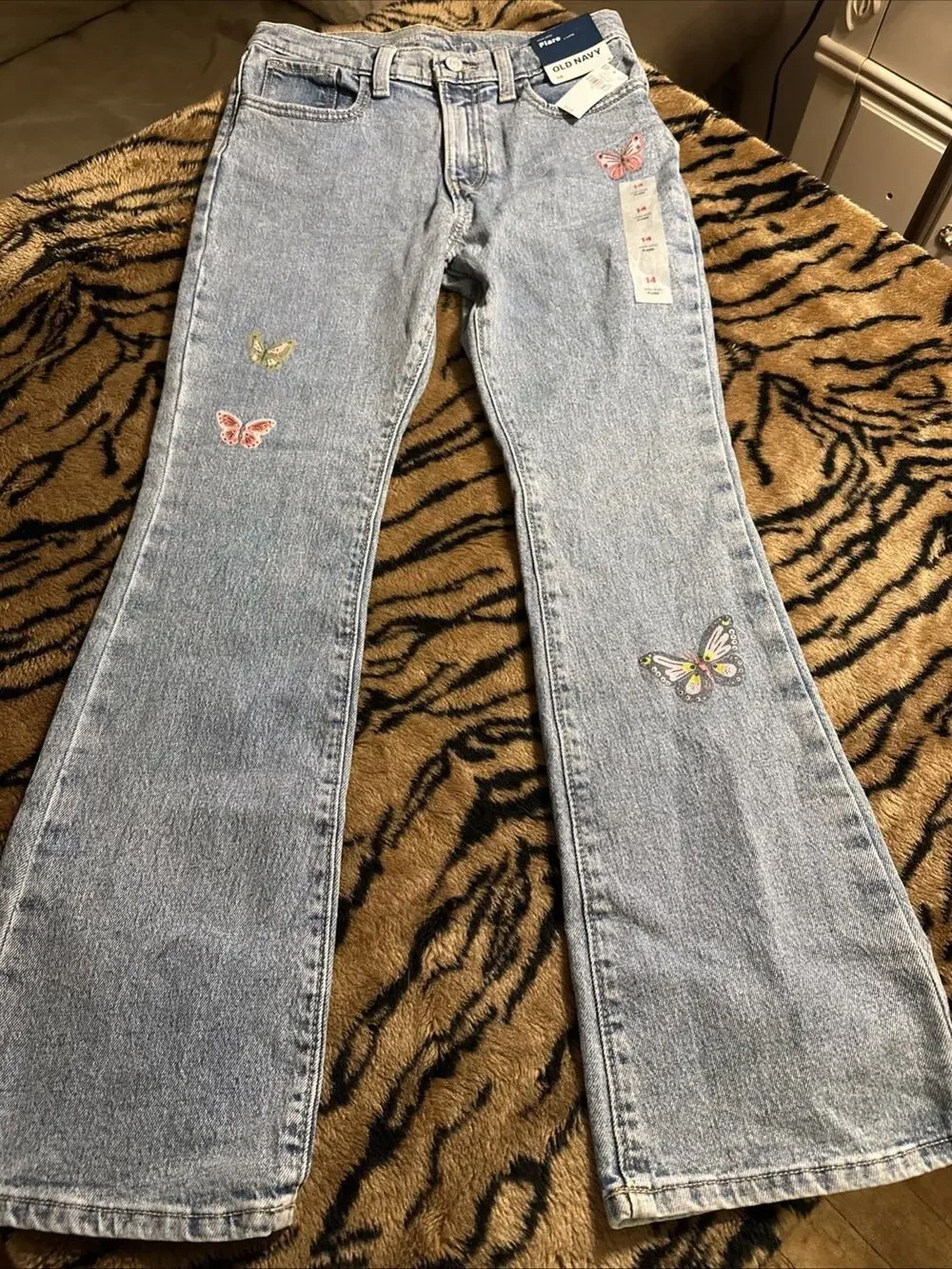 Girl’s Size 14 High Rise Flare Jeans Old Navy Butterfly Embroidered NWT School